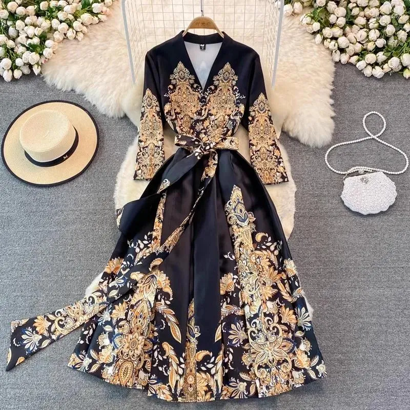 Casual Dresses Jamerary Elegant Luxury Flower Print Paisley Midi Autumn Dress Women's V Neck Laces Up Belt Robe Party Vestidos