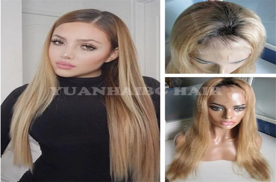 Wysokiej jakości 1BT27 Sily prosty dwupiętrowy Malezji Remy Hair Honey Blond Ombre Pełna koronkowa peruka 7294584