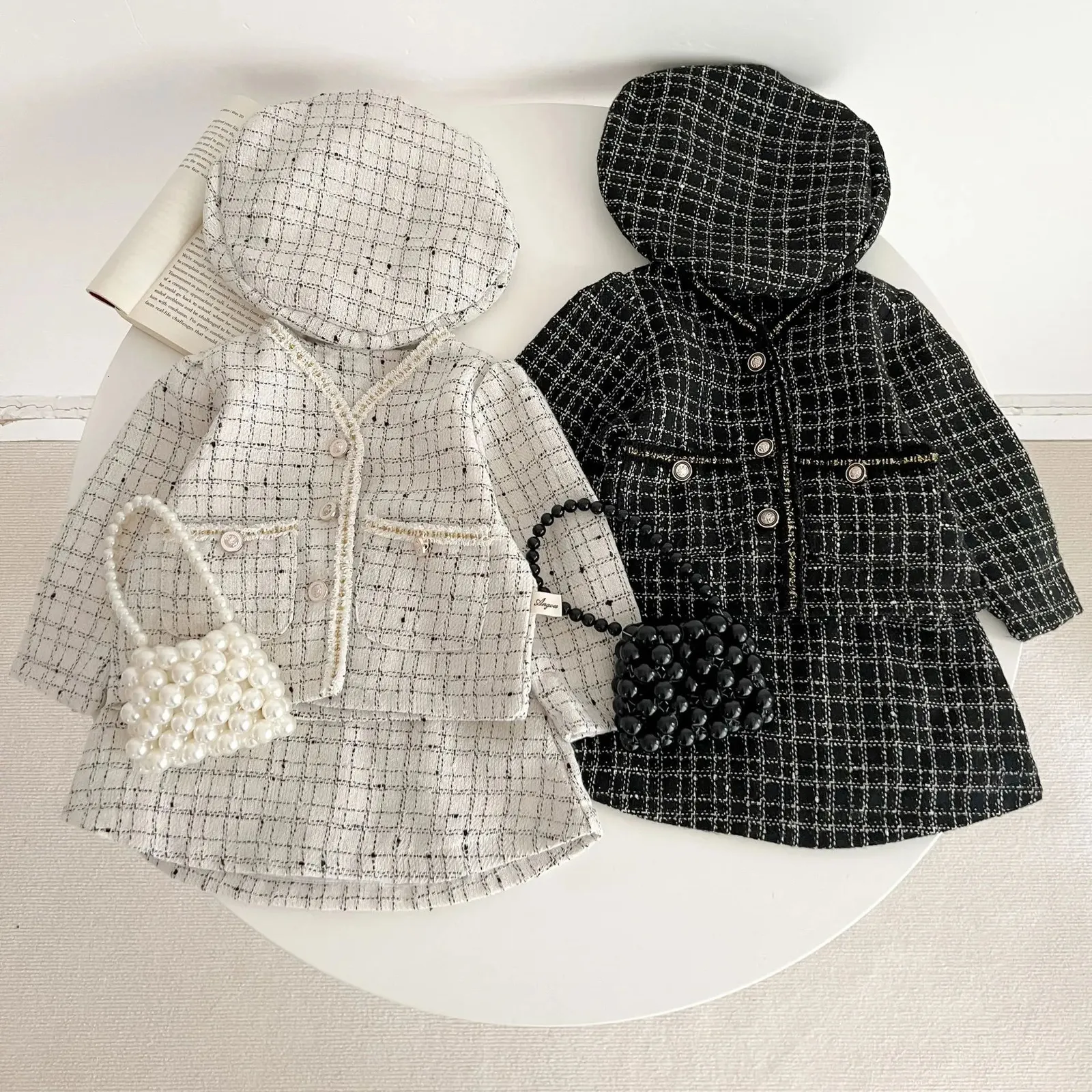 Designer di lusso Abbigliamento per bambini Ragazza del bambino Boutique Abiti in tweed Autunno Giacca per bambini Gonne Set di cappelli Abbigliamento per neonate 240229