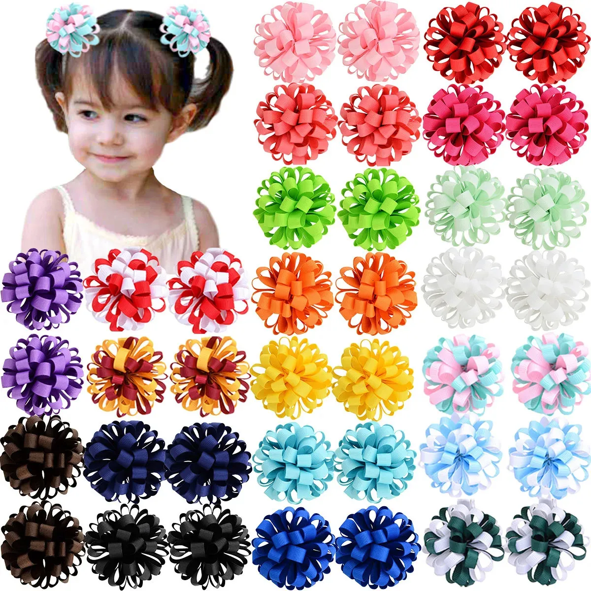 40st Söt hårboll Flower Grosgrain Ribbon Fullt fodrade hårklipp för barnflickor Småbarn och barn 20 färger i par 240223