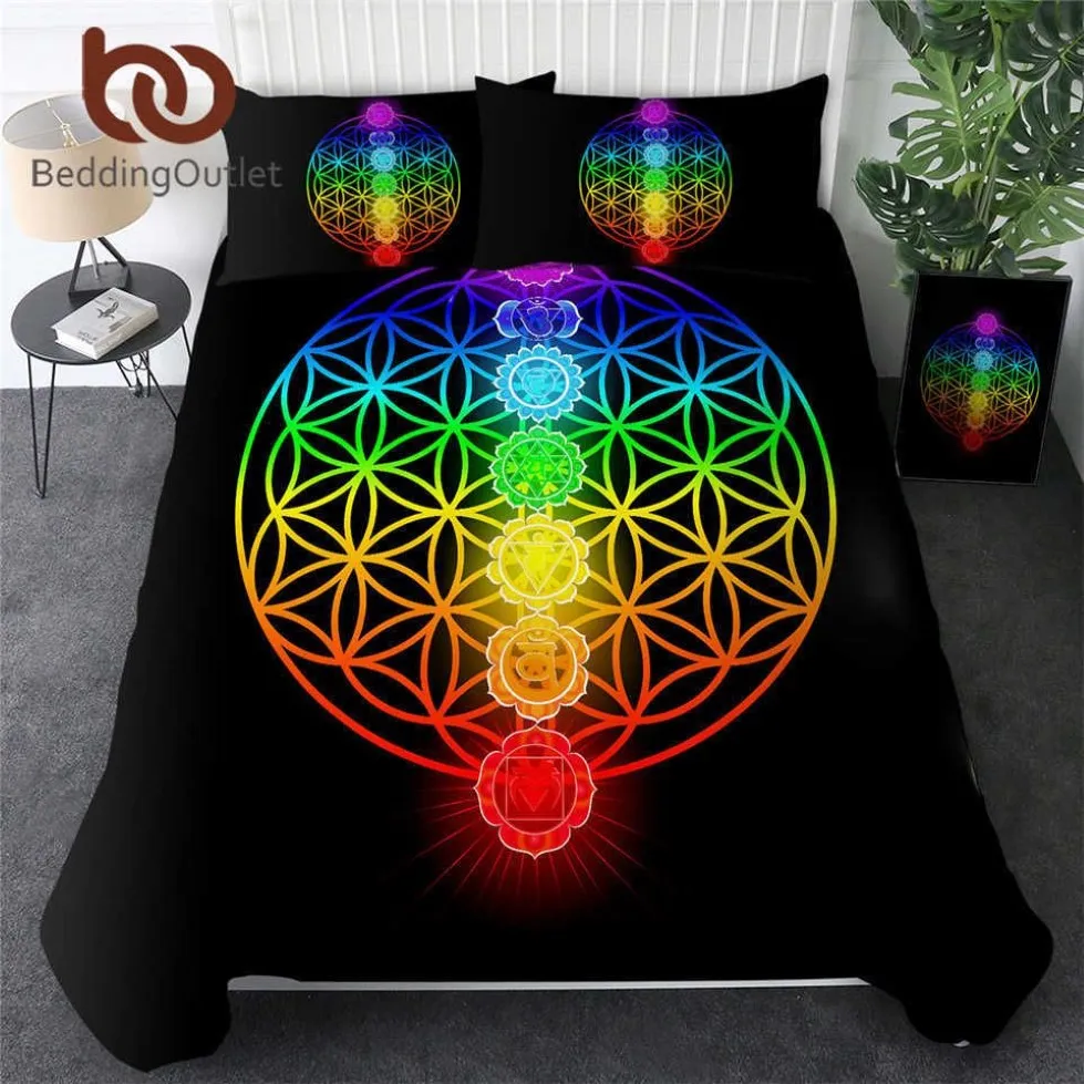 BeddingOutlet Chakra Beddengoed Set Zen Thema Bed Cover Kleurrijke Bed Set Koning Geometrische Spreien Bloem van Leven Bedlinnen Dropship H263n