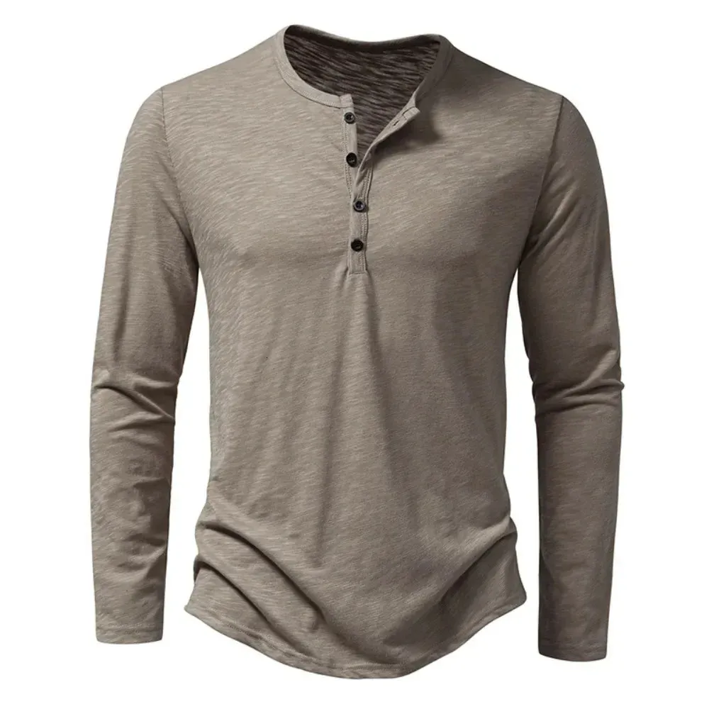 Herren-Hemd mit Henley-Ausschnitt, Baumwolle, langärmelig, lässig, einfarbig, modische T-Shirts 240227