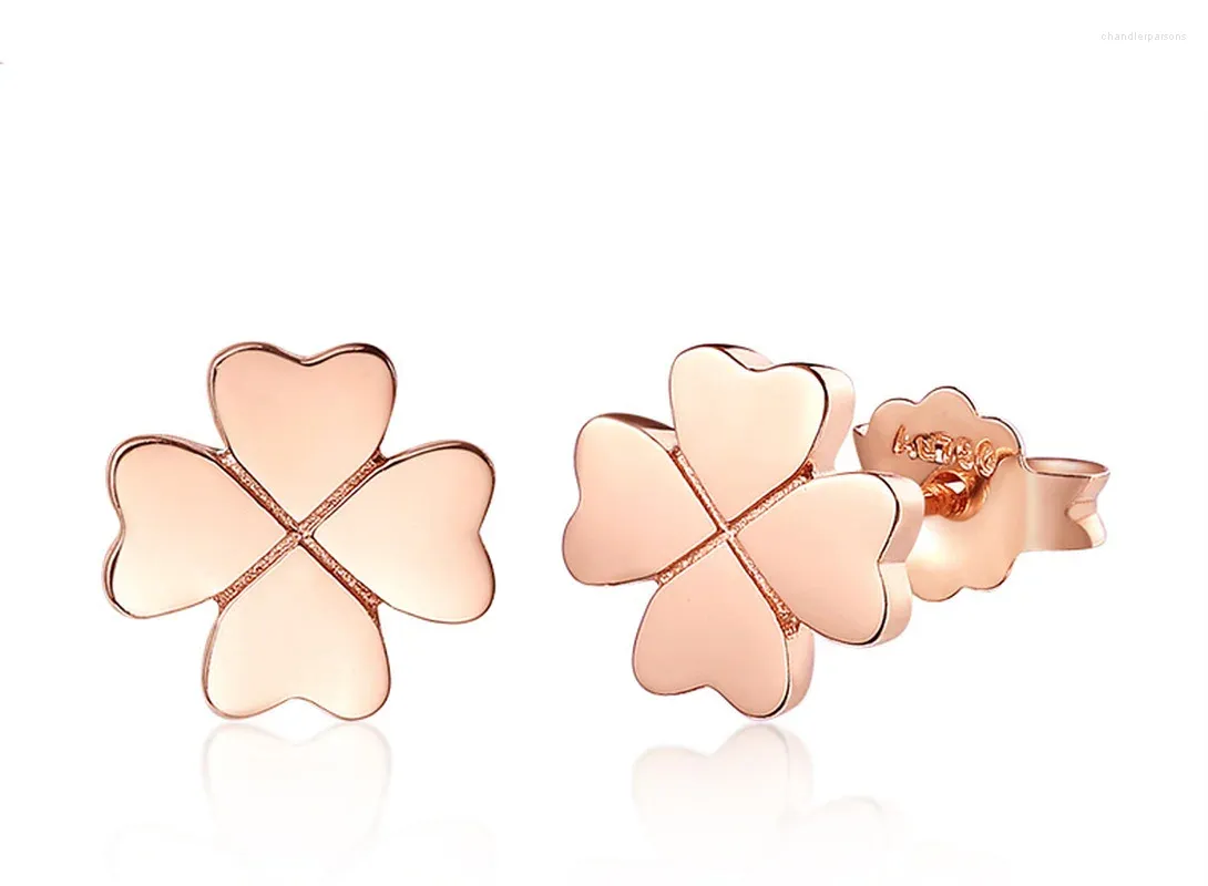 Stud Earrings Classic Lucky 4-Leaf Clover 18K Real True Solid Gold AU750 Rose Piercing For Women Female Fancy Office Jewelry