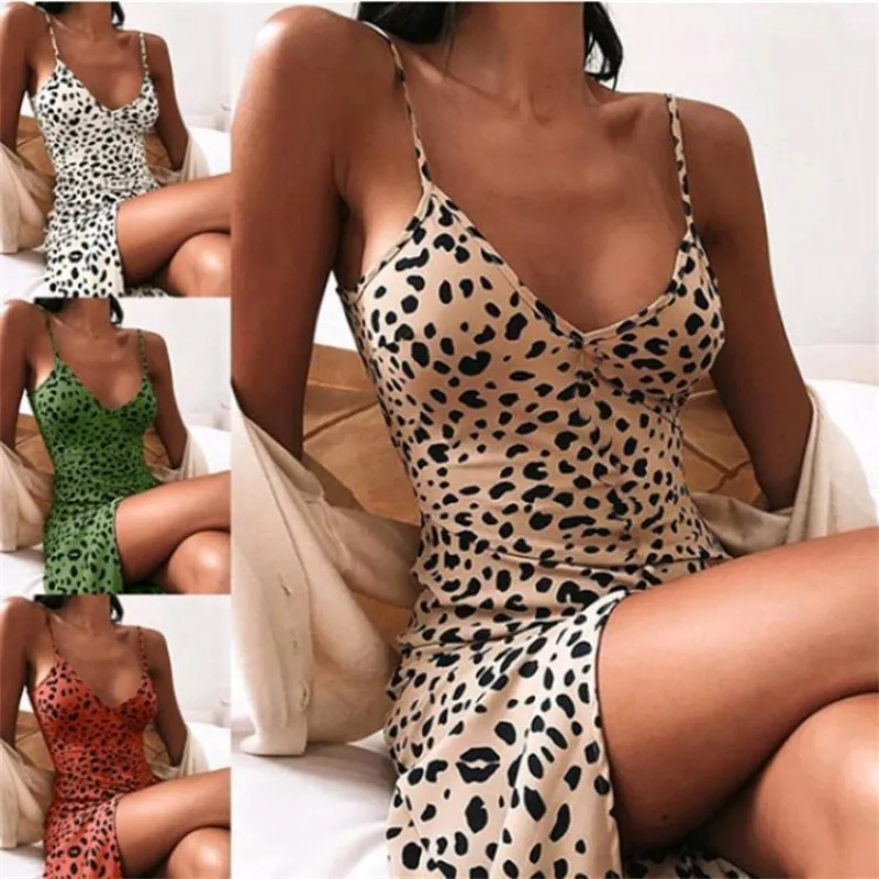 2024 Fashion Women Sexig klänning Leopard tryckt V-ringning Slim Montering Dress Summer ärmlösa klänningar Casualkläder