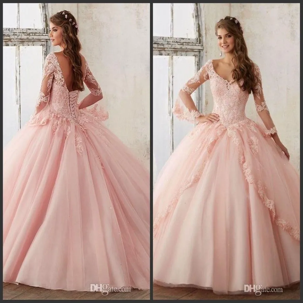 Quinceanera Prom Dress: Pink Tulle Applique Lace Gown With Long Sleeves ...