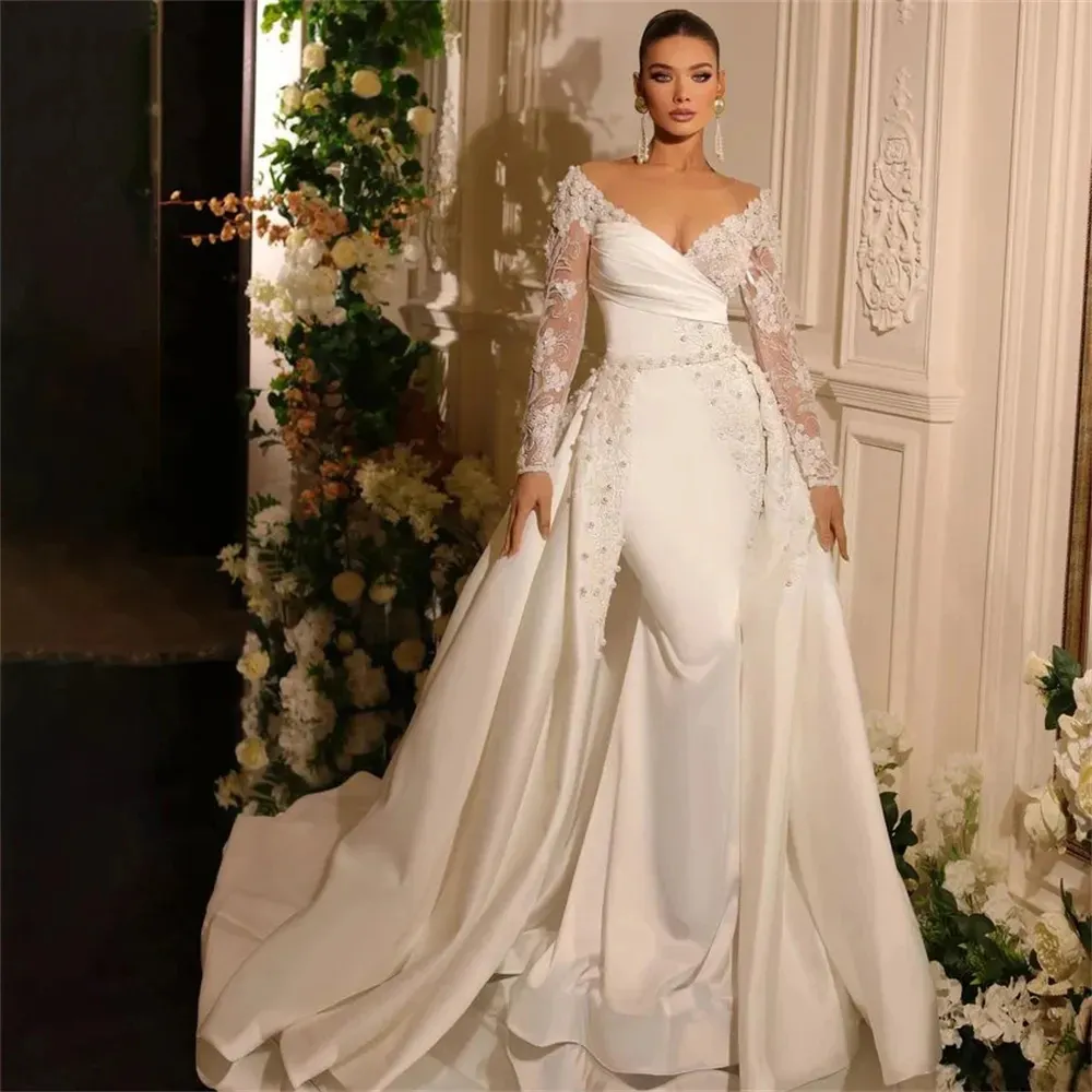 Elegant Ivory Satin Mermaid Wedding Dresses With Detachable Train 3D Floral Lace Appliques Long Sleeves Bridal Gowns Pearls Beaded Sexy Bride Reception Dress