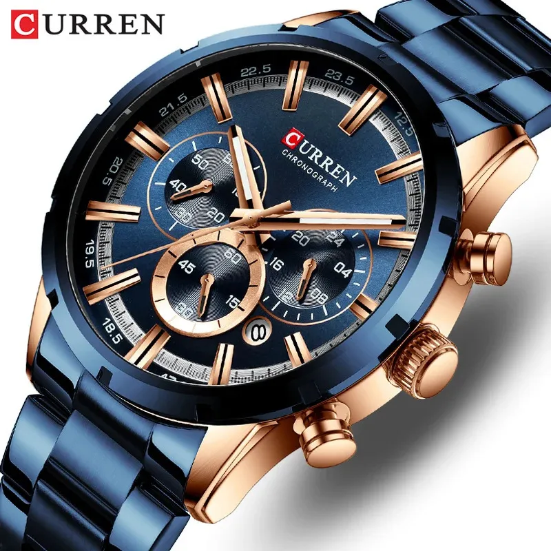 CURREN Herrenuhr Top-marke Luxus Sport Quarz Herrenuhren Voller Stahl Wasserdicht Chronograph Armbanduhr Relogio Masculino 240227