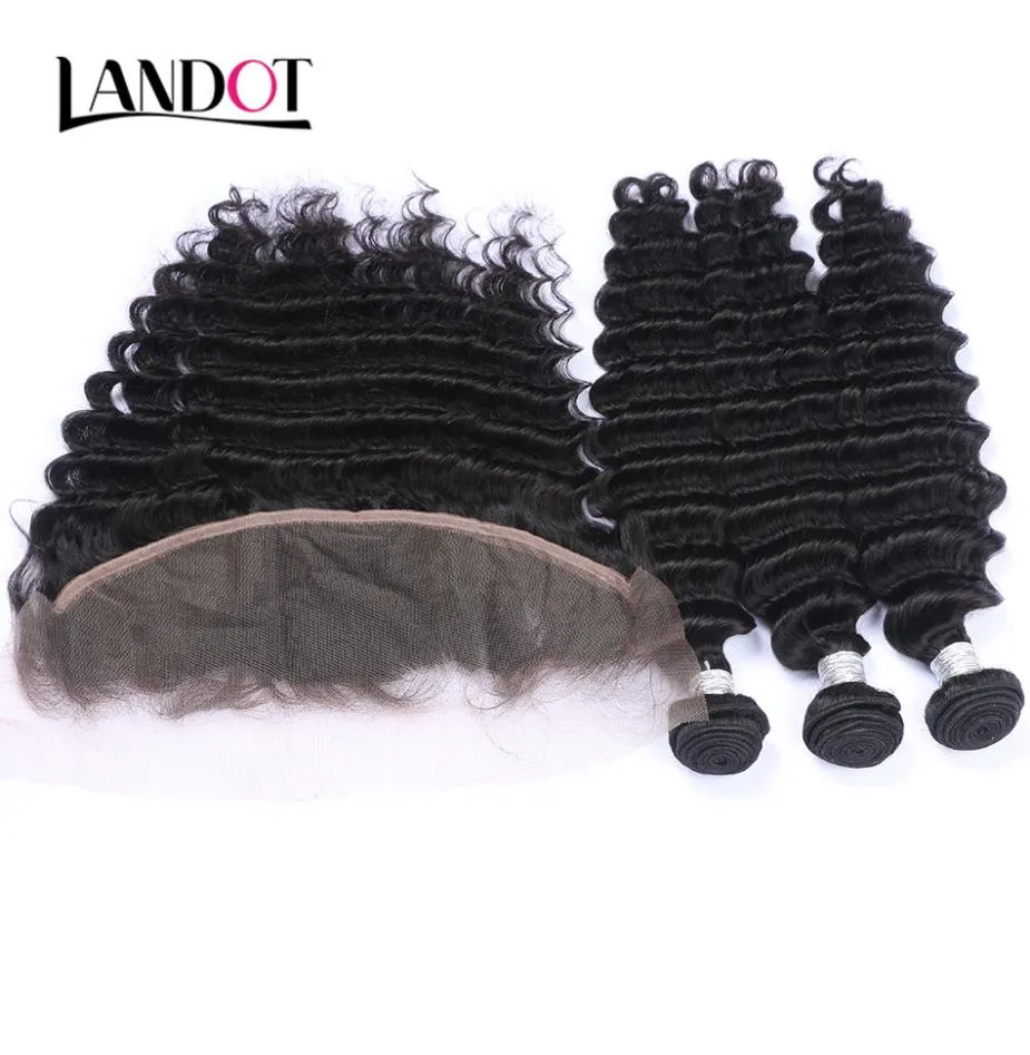 Brazilian Deep Wave Curly Virgin Hair Weaves With Lace Frontal Closure 3 Bundles Peruvian Indian Malaysian Cambodian Human Hair Ad3591565