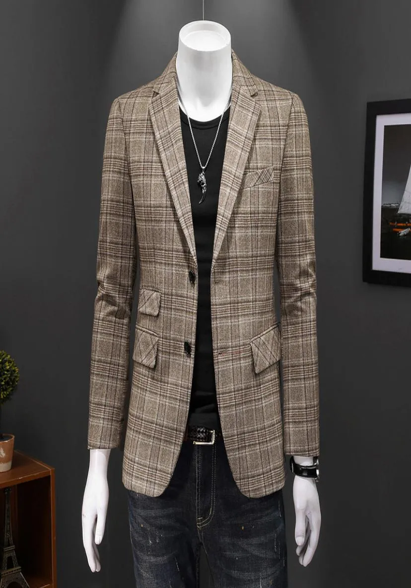 2022 spring new tops youth men039s plaid suit business casual slim onepiece longsleeved solid color noniron coat2201029