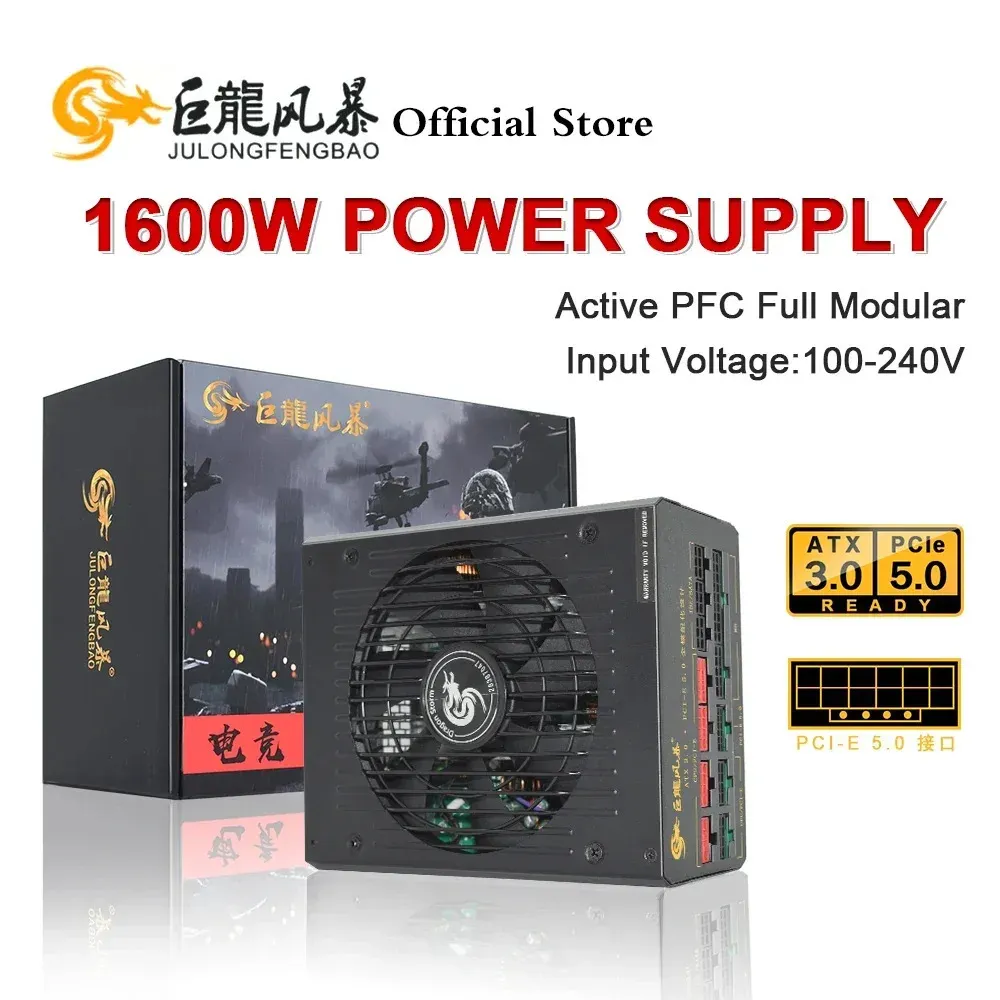 Julongfengbao ATX 3.0 PCIe 5.0 1600W strömförsörjning PC Aktiv PFC -serverkälla för spel Desktop Computer Support Dual CPU PSU 240307