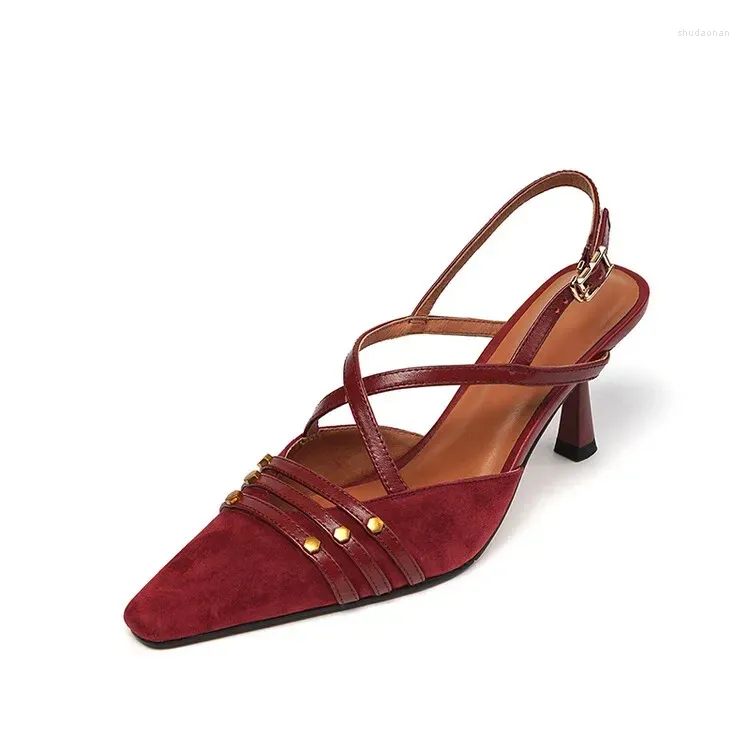 Sandales d'été en cuir véritable et daim pour femmes, talon fin de 6.8cm, bout pointu, bretelles croisées, chaussures de mariage Sllingback
