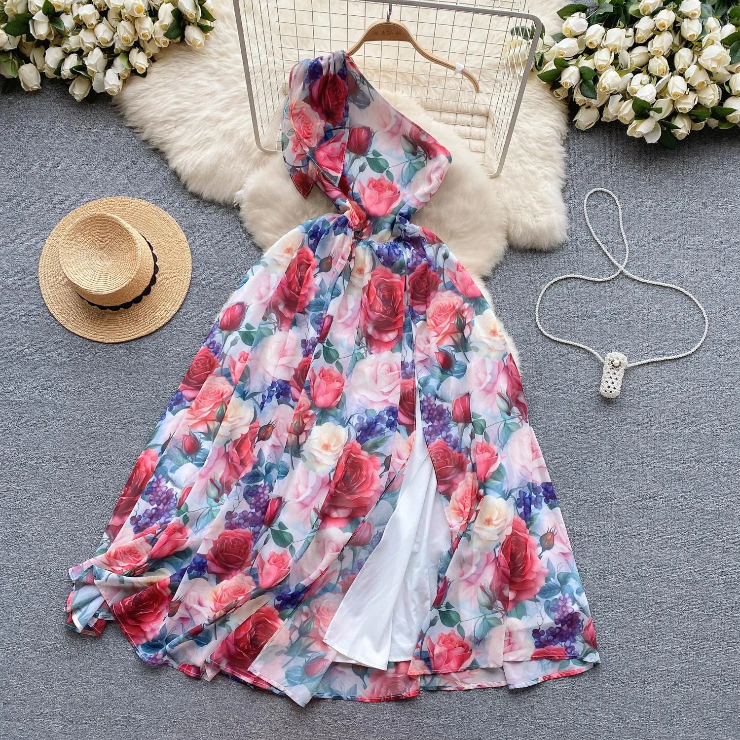 Casual Summer Maxi Dress Women One Shoulder Bow Red Rose Print Ankle-Length  A-Line Dress from Dhgate Basic & Casual Dresses - price 36.19