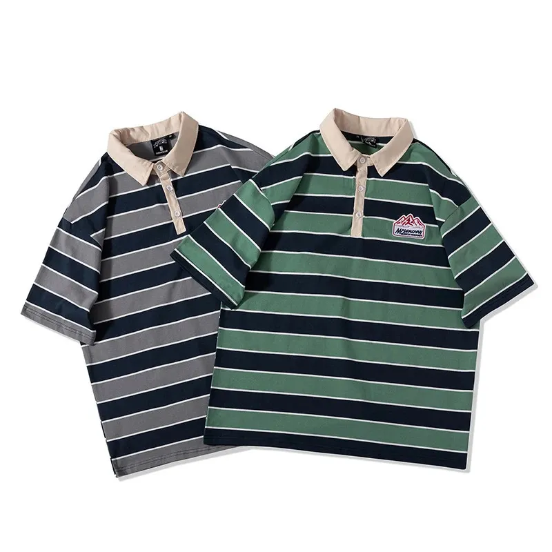 T -shirt för män Summer Classic Fashion Vintage Stripe Embroidered Cotton Casual Lapel Short Sleeve Polo 240305