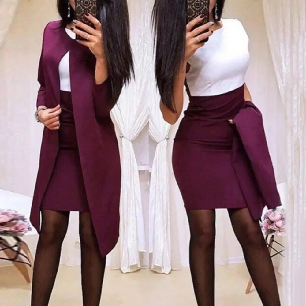 Kadın Takım Ofis Lady Brazer Etek Bahar Uzun Blazer Ceket Bodycon Mini Topluluğu Femme 2 Chic 240226