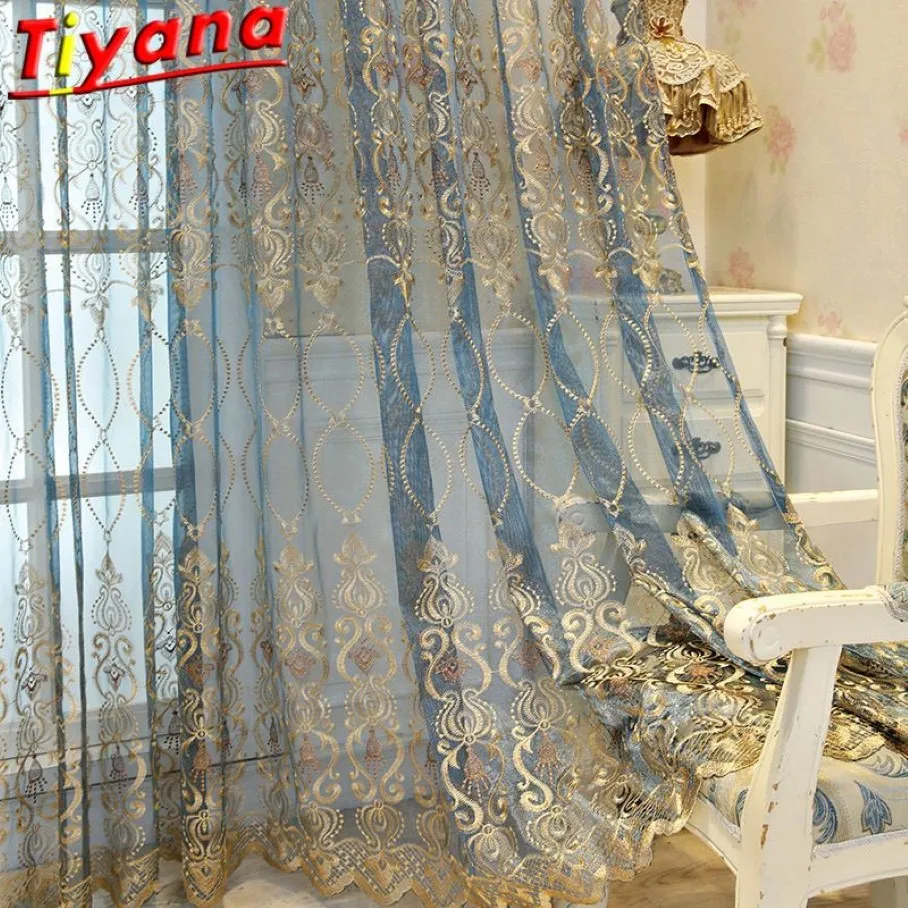 Blå lyxbroderi tyll för vardagsrum billiga gardin fönster draperier för sovrum rabatt gul tunt gardin voile #40 LJ20122927
