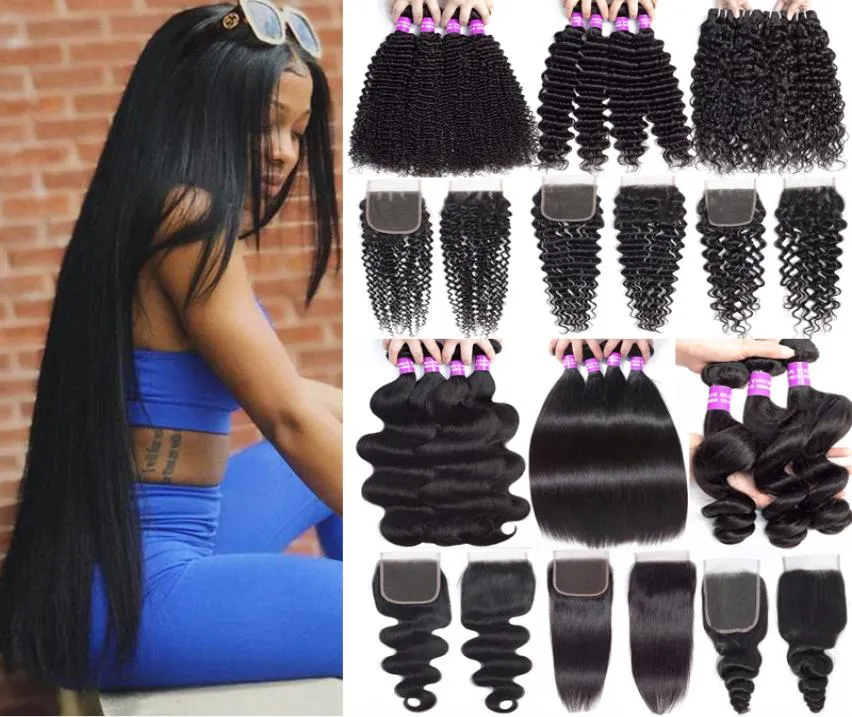 Peruwiańskie Virgin Human Hair Bundle z zamknięciem głębokie fala prosta, kręcone włosy przedłużenie tanich ludzkich fryzur z 4x4 La8292230