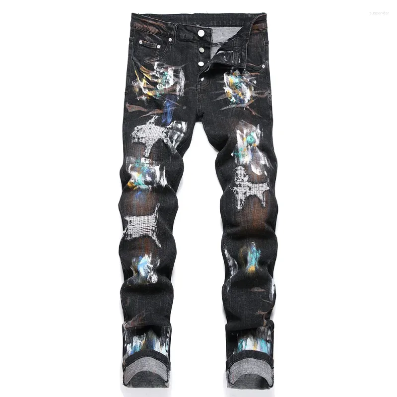 Men's Jeans Painted Denim Button Patches Patchwork Black Stretch Pants Holes Ripped Distressed Slim Tapered Trousers