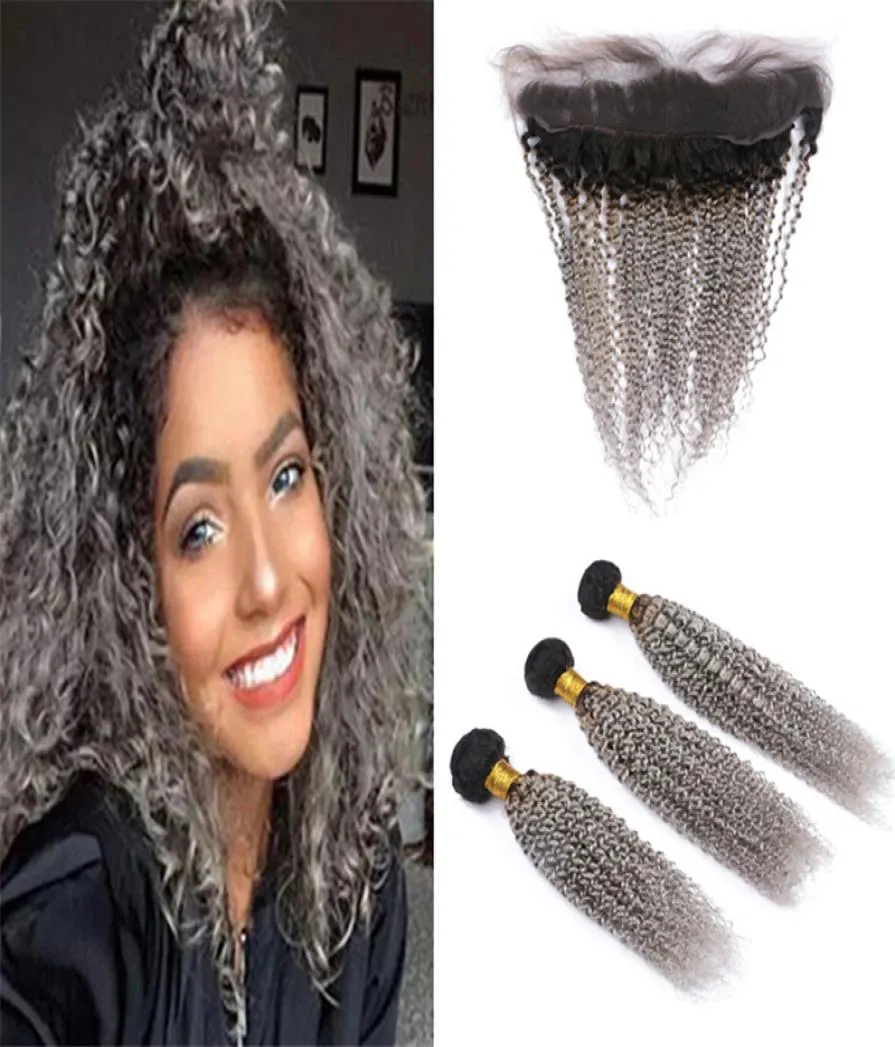 Fasci di tessuto capelli umani ricci Ombre da nero a grigio con chiusura frontale in pizzo Radici scure ricci crespi Capelli indiani Ombre grigi e Fro2452795