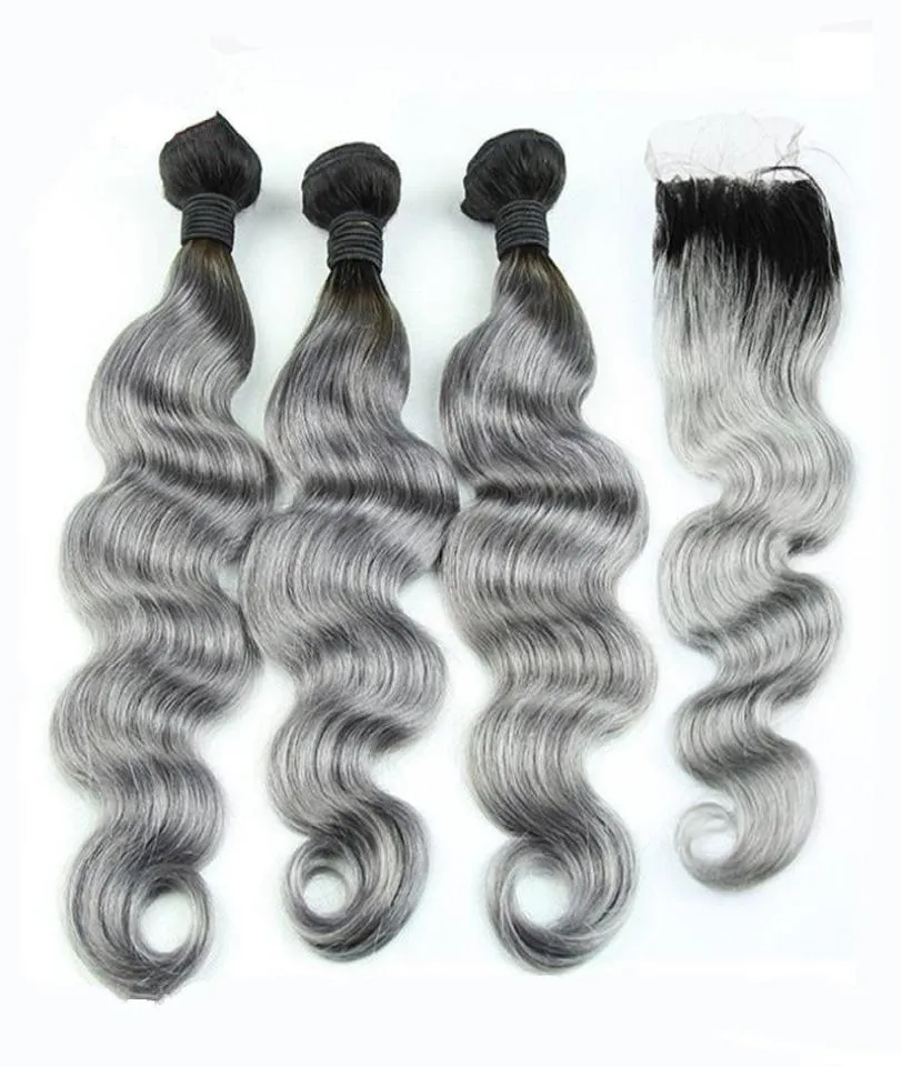 8A Grade Peruvian Grey Hair Weave With Closure Body Wave Two Tone Ombre 1b Silver Gray Ombre Human Hair Bundles And Lace Closures5187250