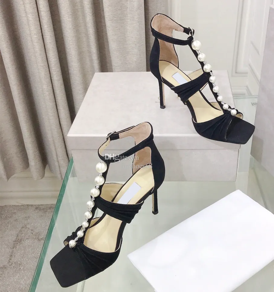 Elegant New Pearl High Heel Sandals Designer Square Head Open Toe Fashion Shallow Mouth Sexy Wedding Shoes Women's Single Shoes