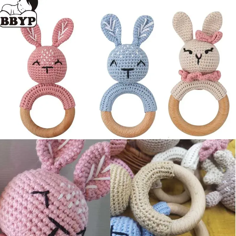 Handmade Crochet Rabbit Rattle Teether Set - Natural Wood Ring, Safe ...