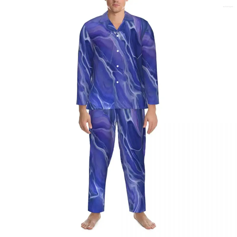 Vêtements de nuit pour hommes Lavande Bleu Marbre Printemps Fantaisie Violet Abstraction Vintage Pyjamas surdimensionnés Ensemble Mâle Manches Longues Maison Vêtements de Nuit
