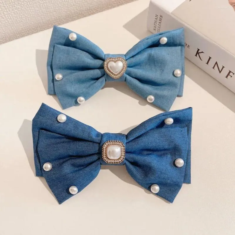 Hair Clips Hairpin Denim Bow Blue Jewelry Pearl Rope Korean Style Bowknot Rhinestone Heart Barrettes