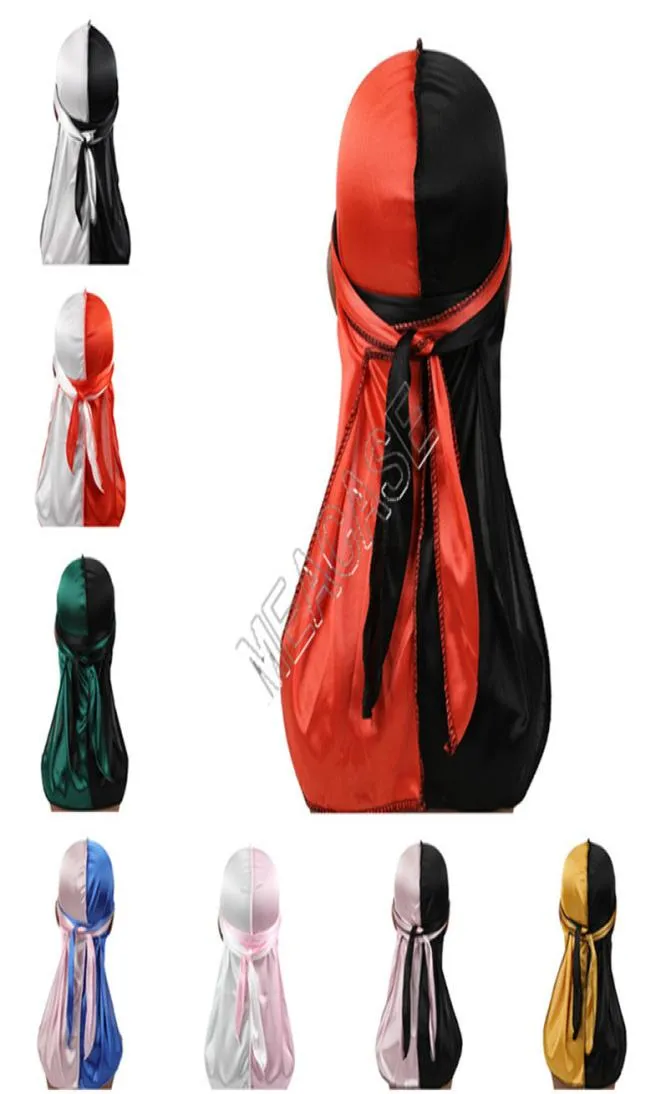 Colore a contrasto Silky Durag Turbante solido lucido Durags Cappello Coda lunga Copricapo Moda Cappellini da pirata Biker Hip Hop Avvolgimenti per capelli Accessori3182423