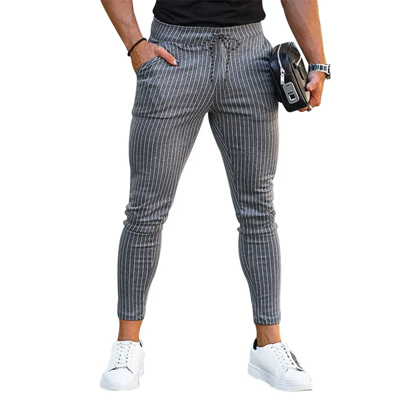 Pantolon Adam Yüksek Bel Dantelya İnce Fit Kalem Pantolon Dört Mevsimler Sıradan Çizgili Pantolon Moda Sıkı Trous Erkek Yeni Trend Sokak Giyim