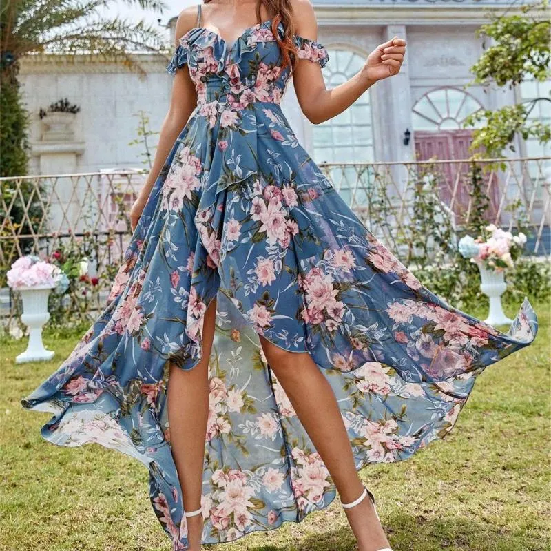 Casual Dresses Dubai African For Women Off Shoulder Front Short Sleeve Long Elegant Floral Chiffon Muslim Dress