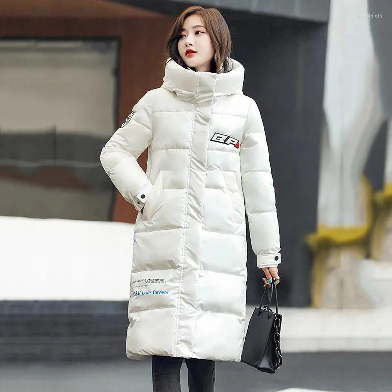 Women's Trench Coats Winter Long Women Down Jacket 2024 Letter Hooded White Duck Glossy Coat Female Warm Parka Thicken Snow Overcoat