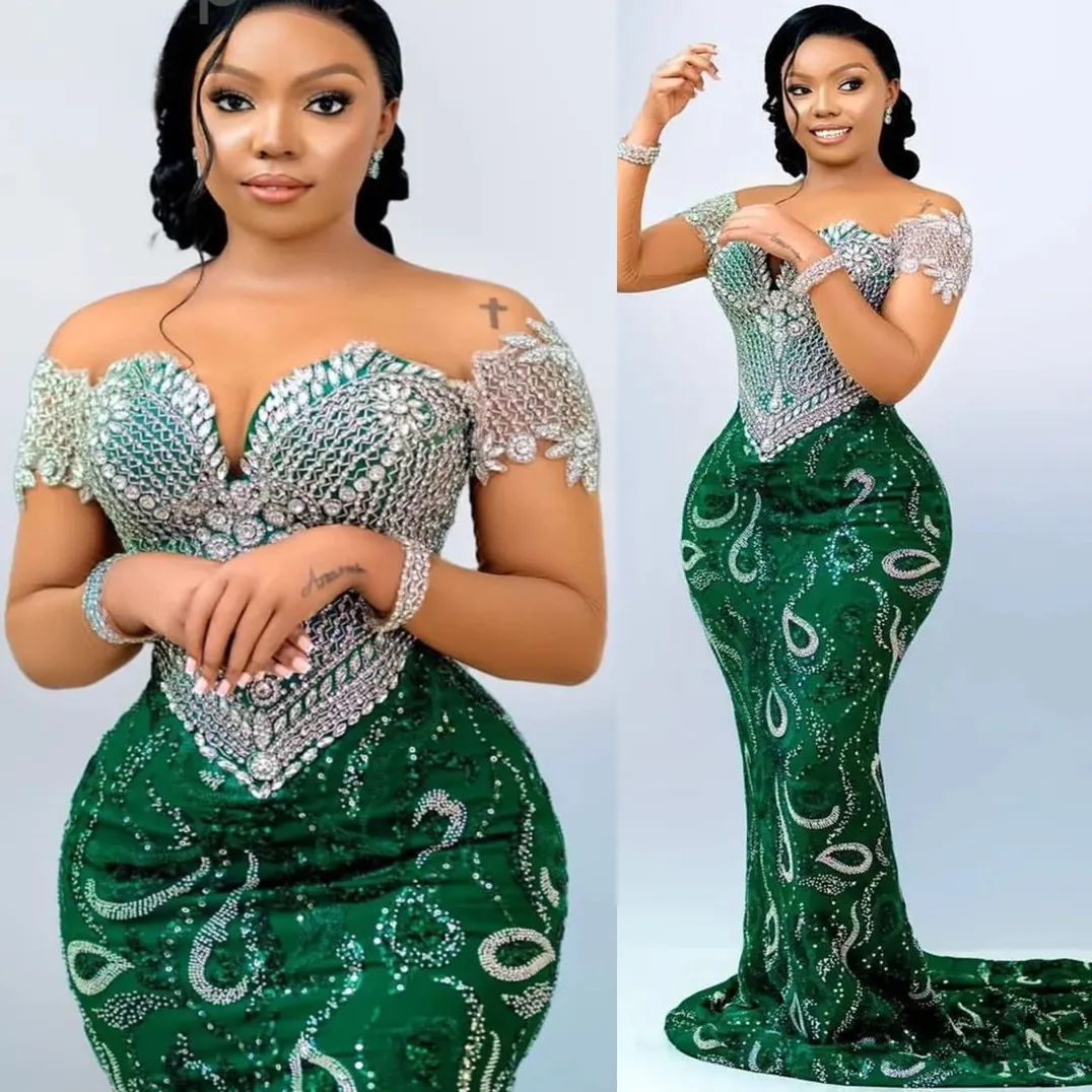 2024 ASO EBI Green Mermaid Sukienka PROM Kryształy Kryształowe cekinowe wieczorne przyjęcie Drugi przyjęcie 50. urodziny suknie zaręczynowe sukienki szatą de soiree ZJ145