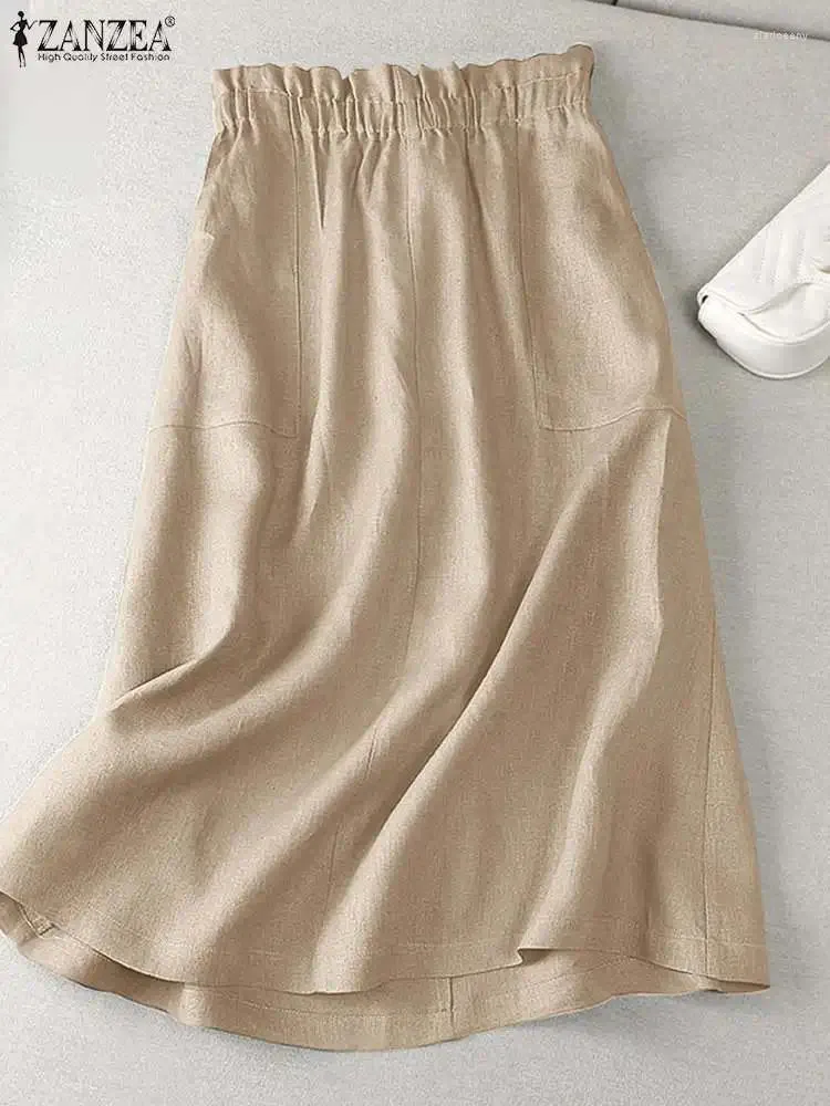 Skirts ZANZEA Summer Vintage Elastic Waist Solid Mid-calf Women Cotton Party Skirt Casual A-line Faldas Saia Robe Femme Jupe