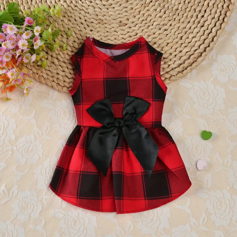 Natal cão xadrez saia doce cão bowknot vestido de princesa pet roupas de princesa para cães pequenos pet saia xadrez suprimentos para animais de estimação 240307