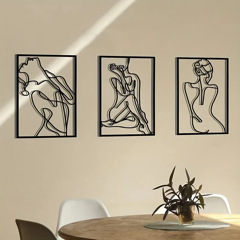 3 pièces sculptures murales en métal minimaliste abstrait femme mur art dessin au trait mur art décor ligne unique suspendu mur art décor 240304