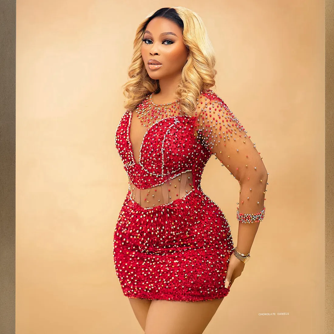 Plus Size Red Red Sequin Cocktail Dress with Illusion Jewel and Pearls for Black Girls' Birthday Party - Graduation \u0026 Prom Dress (2024) Plus Size Dark Red Cocktail Dress - Mini Party Dress with Pearls \u0026 Long  Sleeves - Shop Now! from Dhgate Cocktail Dresses - price 210.78