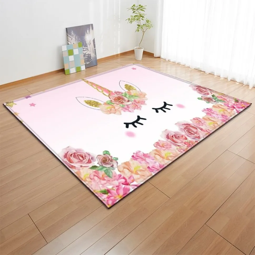 Cartoon Pink Unicorn Carpets Anti-Slip Flanell Carpets Kids Play Mat Girls Rum Dekorativt område matta vardagsrum mattan och mattan T20294V