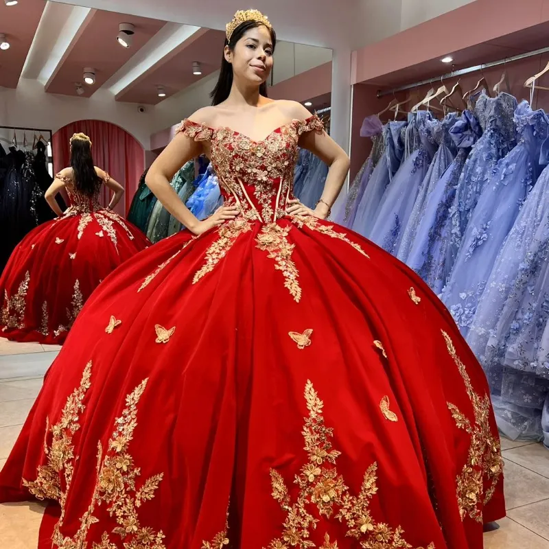 Vestido Rojo De Quinceanera, Vestido De Pelota Fuera De Hombro Con