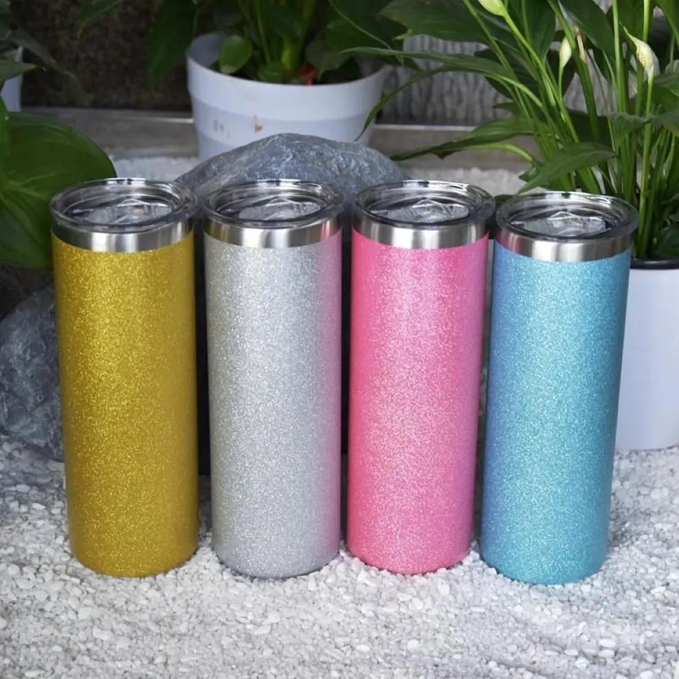 US Warehouse 20oz sublimation texture Powder Glitter Straight tumbler With plastic Straws and Lids 4 color Vacuum Insulated Double2950