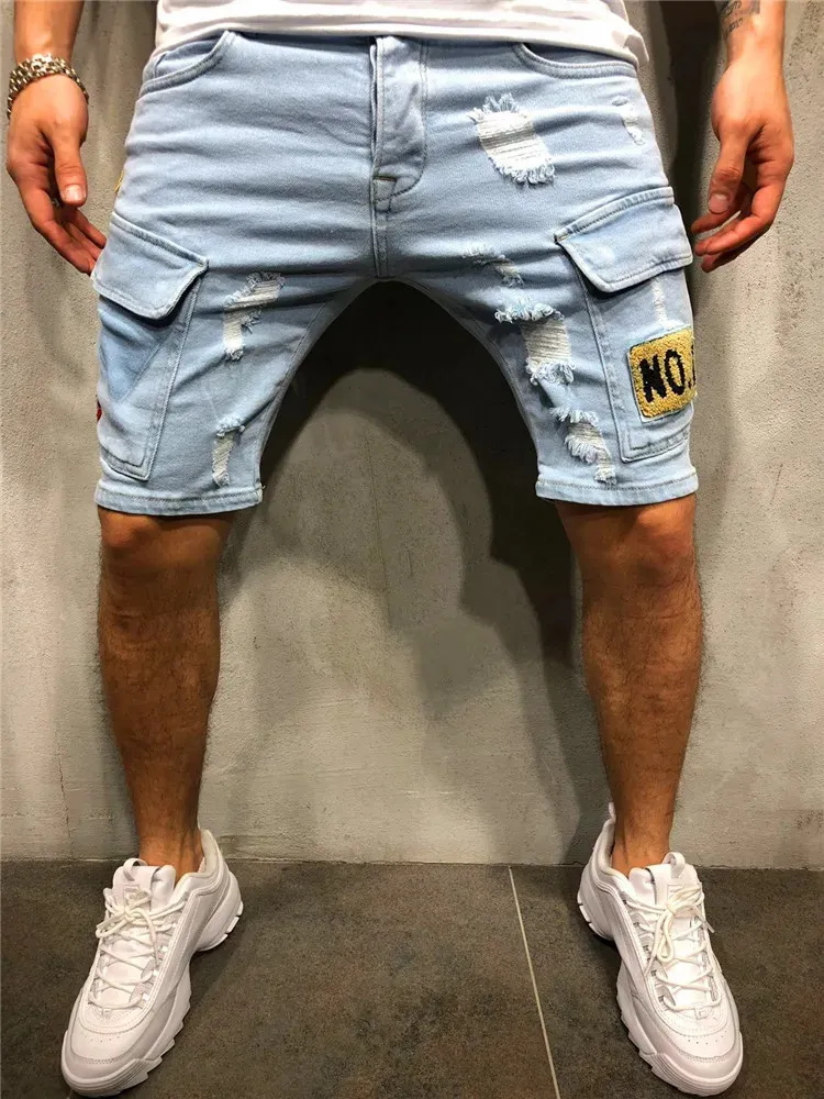 Summer Mens Stretch Ripped Short Jeans Streetwear Pocket Fashion Hip-Hop Blue Slim Denim Shorts Brand Clothes Mane 240227