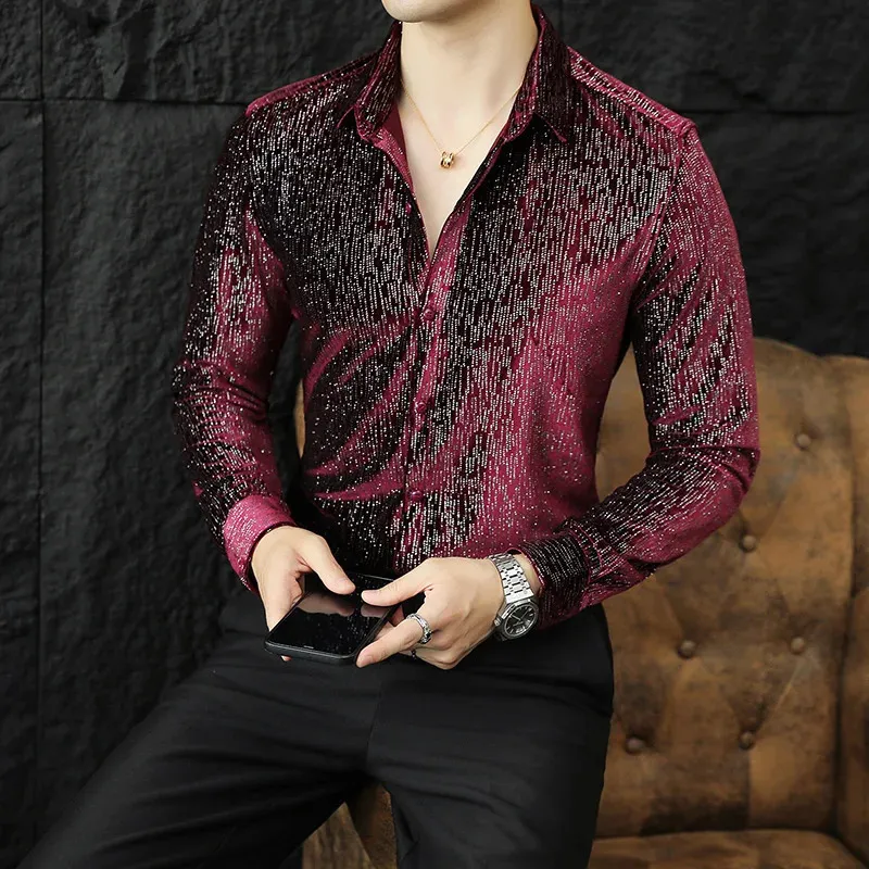 Mode Mens Velvet Shirts Shiny Dance Clothes for Men Luxury Elegant Dress Spring Autumn Long Sleeve Casual Blus 240307