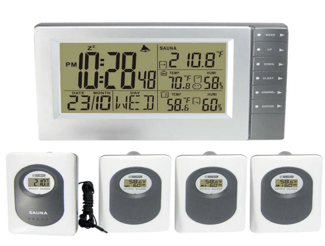 Digital Wireless Weather Station med universell termometer Hygrometer Sauna Temperatur Digital Alarm Clock 4 Transm2802540