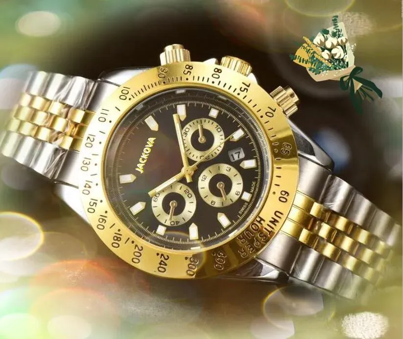 Sub diales Falso Automático Día Fecha Hombres Relojes Moda de lujo para hombre Banda de acero inoxidable completa Movimiento de cuarzo Reloj Metal Cierre sólido Presidente Reloj de pulsera Regalos