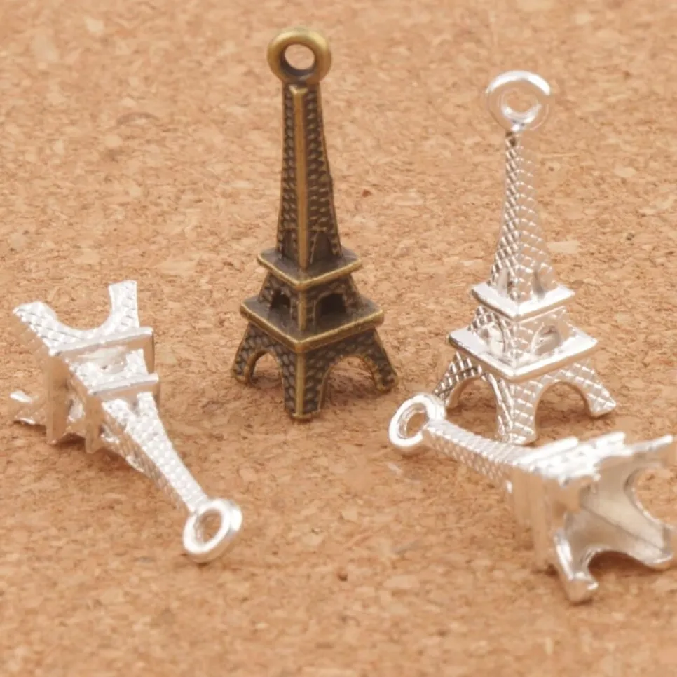 3D Paris Torre Eiffel Liga Pequenos Encantos Pingentes 100 pçs / lote MIC Bronze Banhado A Prata Elegante 22mm 4mm L448305g