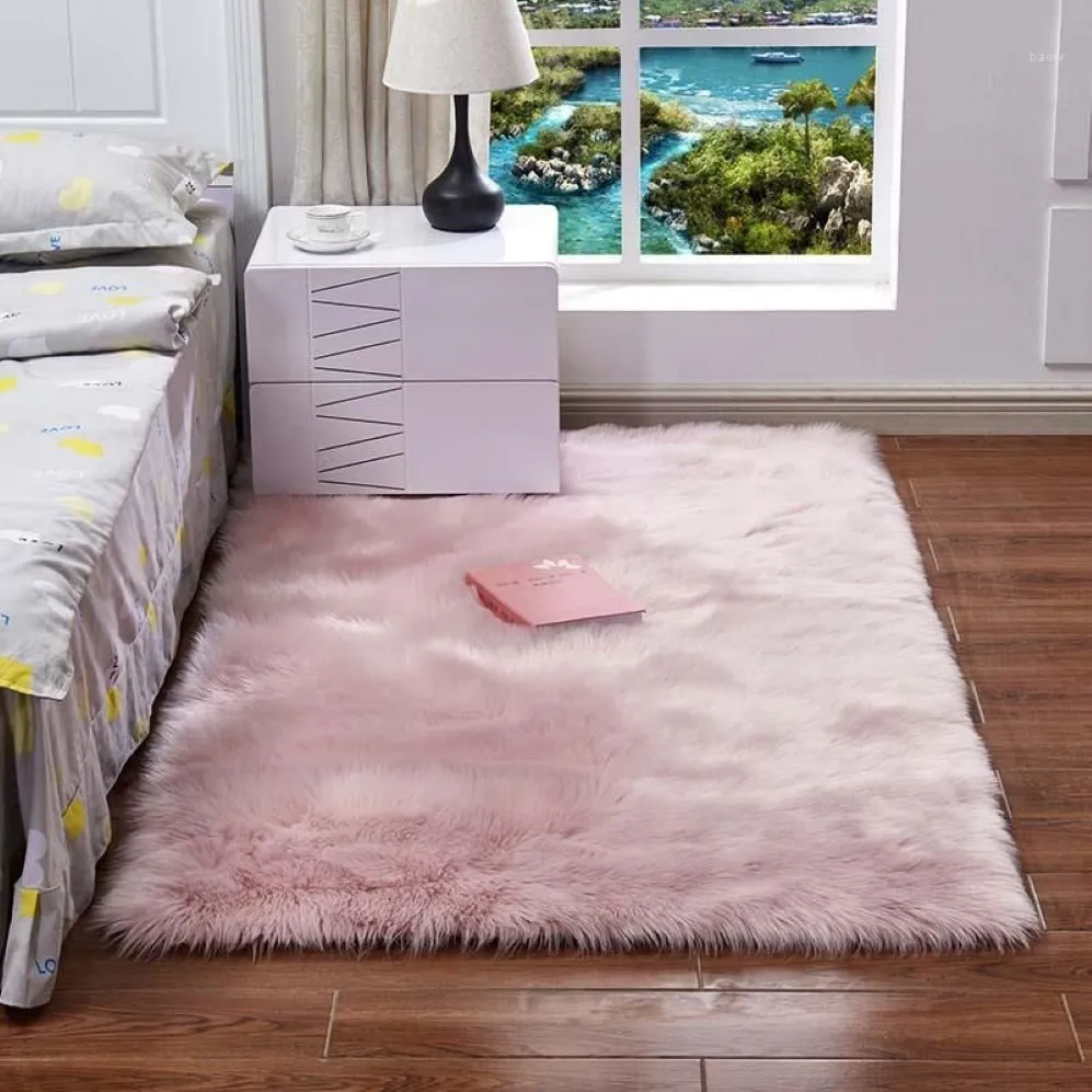 Tapis rectangulaire Super doux en fausse peau de mouton, pour sol de chambre à coucher, en peluche soyeuse, Shaggy, blanc, chevet 233R