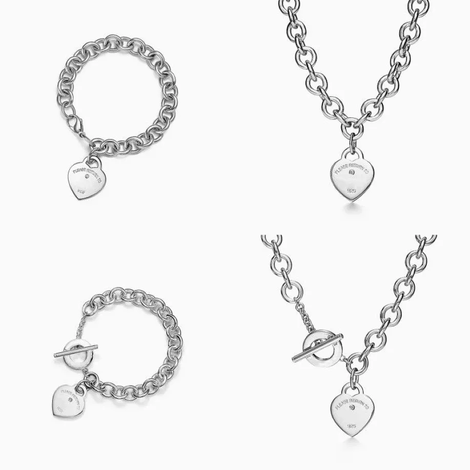 T Designer coeur pendentif tag collier bracelet boucles d'oreilles femmes marque de luxe bijoux classique mode 925 sterling argent rose 235j