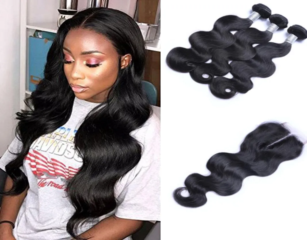 Brasiliansk kroppsvåg Virgin hårväv med 4x4 spetsstängning obearbetad Remy Human Hair Weaves Double Weft Natural Black Color 4P4348593