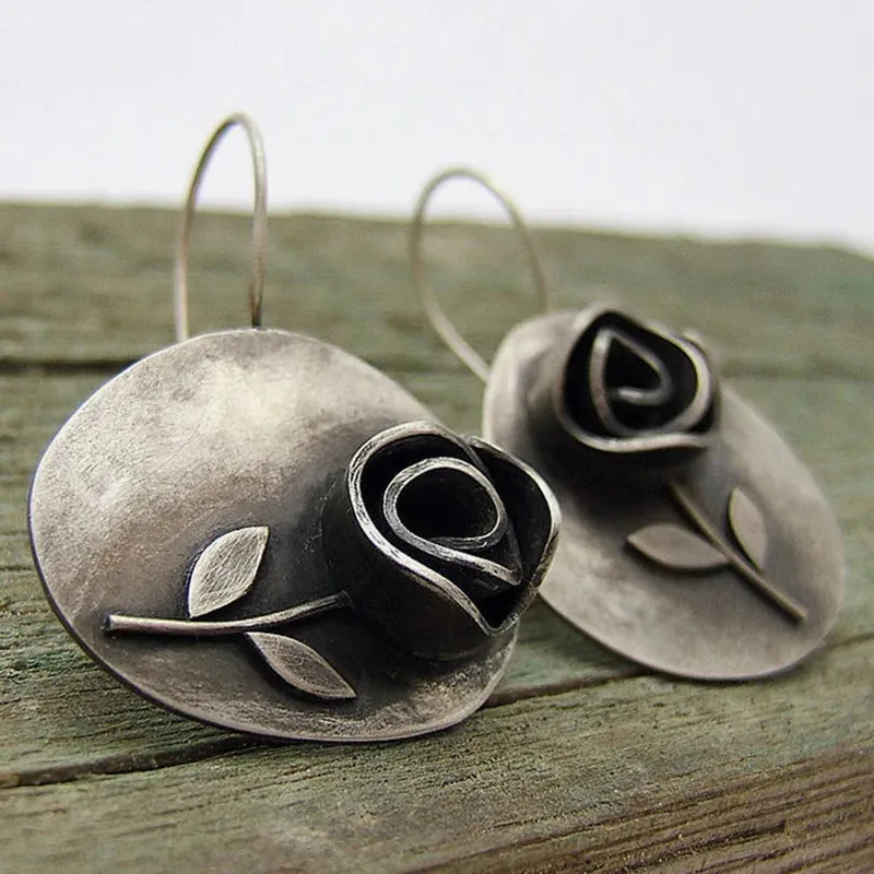 Boho Asymmetric Leaf Rose Flower Earrings Vintage Statement Metal Round Botanical Jewelry 240305