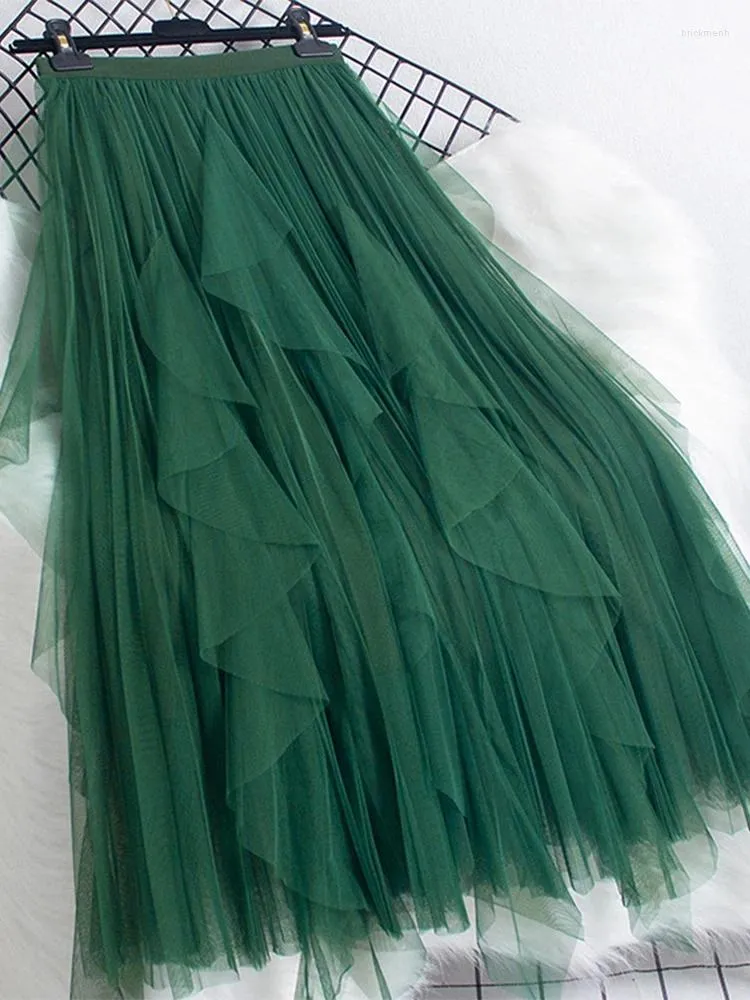 Saias TIGENA Moda Ruffles Long Tutu Tulle Saia Mulheres Coreanas Uma Linha Cintura Alta Plissada Midi Feminino Verde Rosa