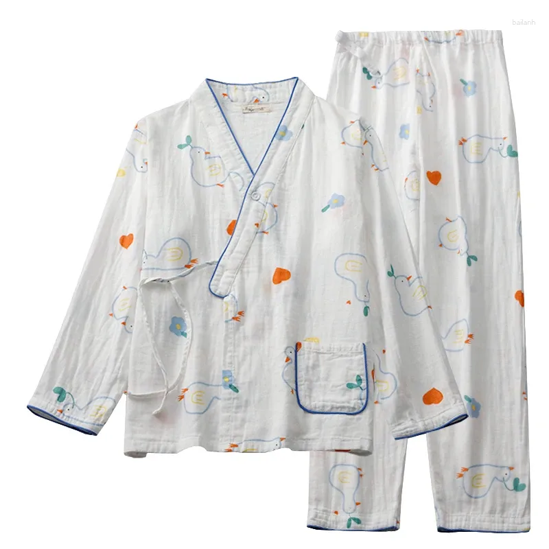 Roupas étnicas Branco Algodão Kimono Pijama Mulheres Fivela Manga Longa Calças String Cartoon Home Terno Fino Macio